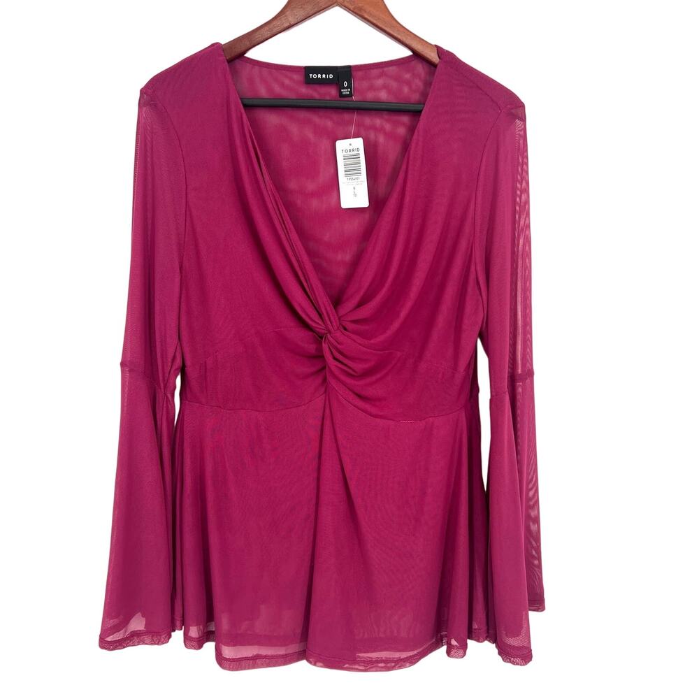 NEW NWT Torrid Size 0 Large 12 Magenta Pink Blouse Shirt Top Bell Sleeve - Picture 1 of 8